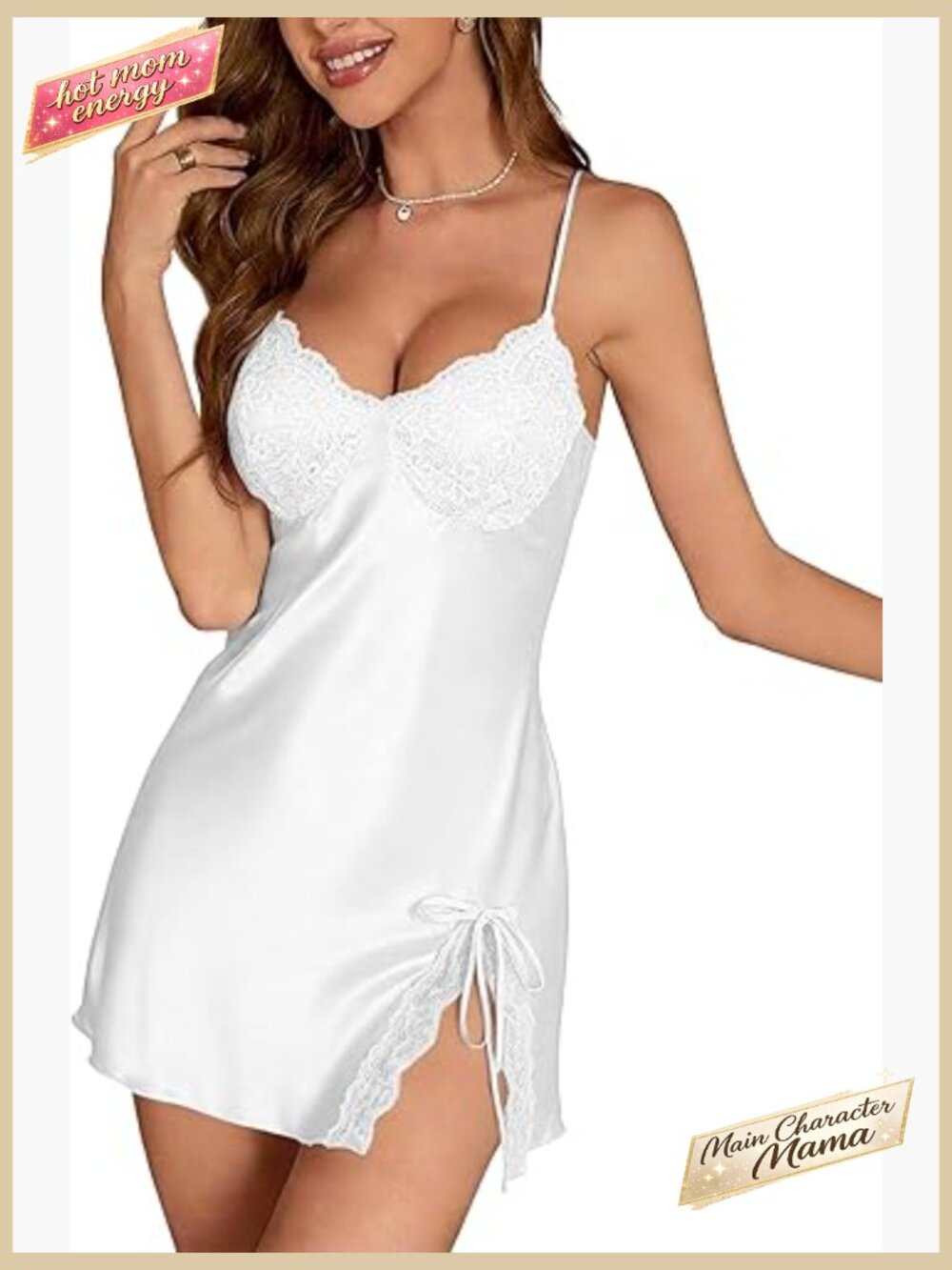 Satin Lace Babydoll Nightie V Neck Slip Dress Side Split Sleepwear